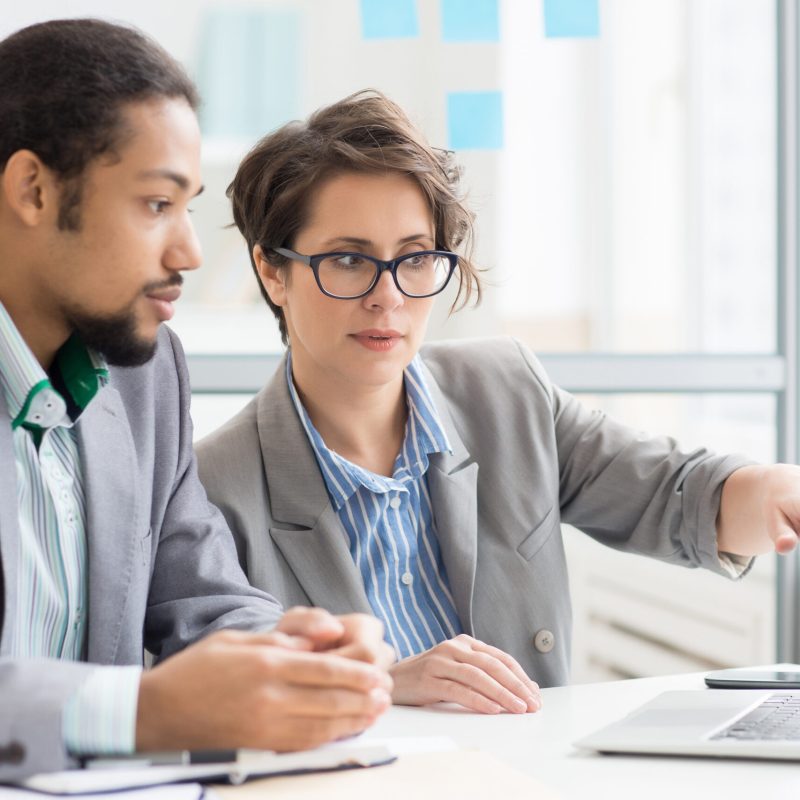 Young manager pointing at online data in laptop while discussing it with colleague